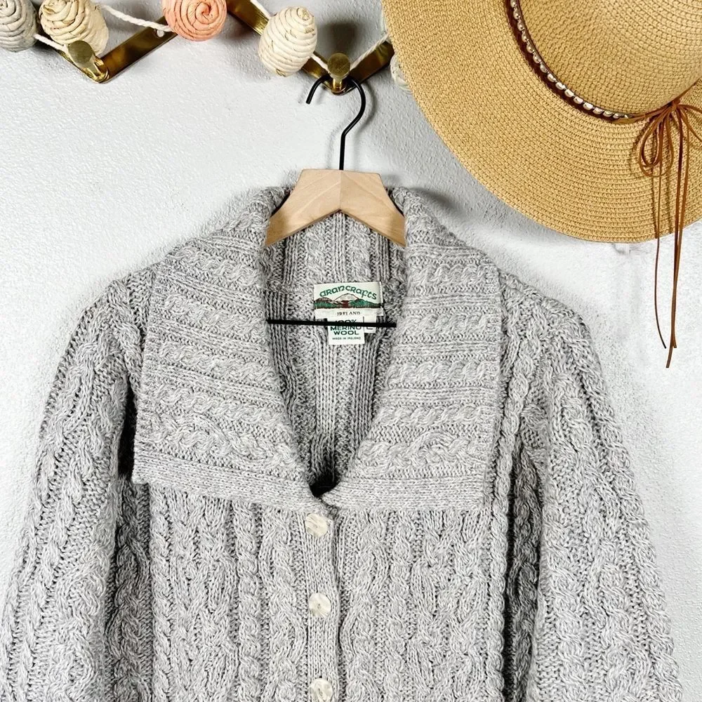 Aran Craft Ireland Merino Wool Fisherman Cable Knit Cardigan Sweater Gray Large